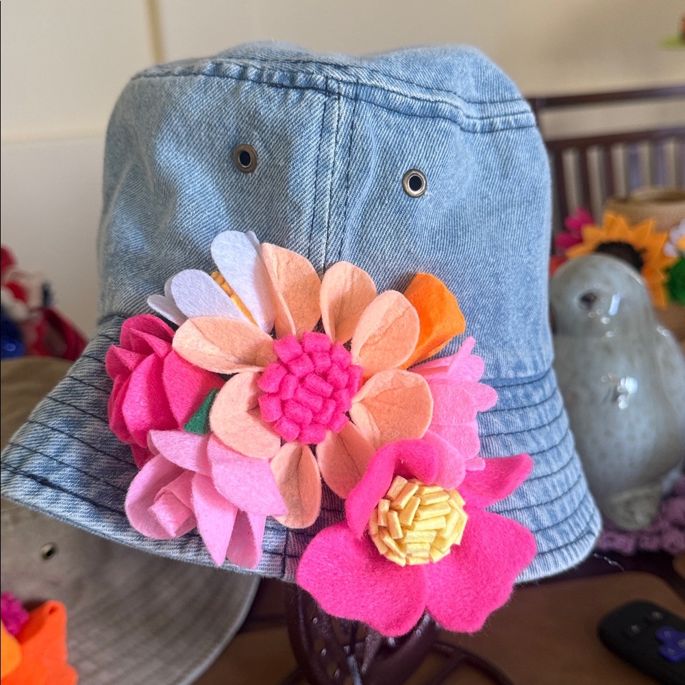 Denim Bucket Hat with Bright Hand Crafted Felt Flower Cluster